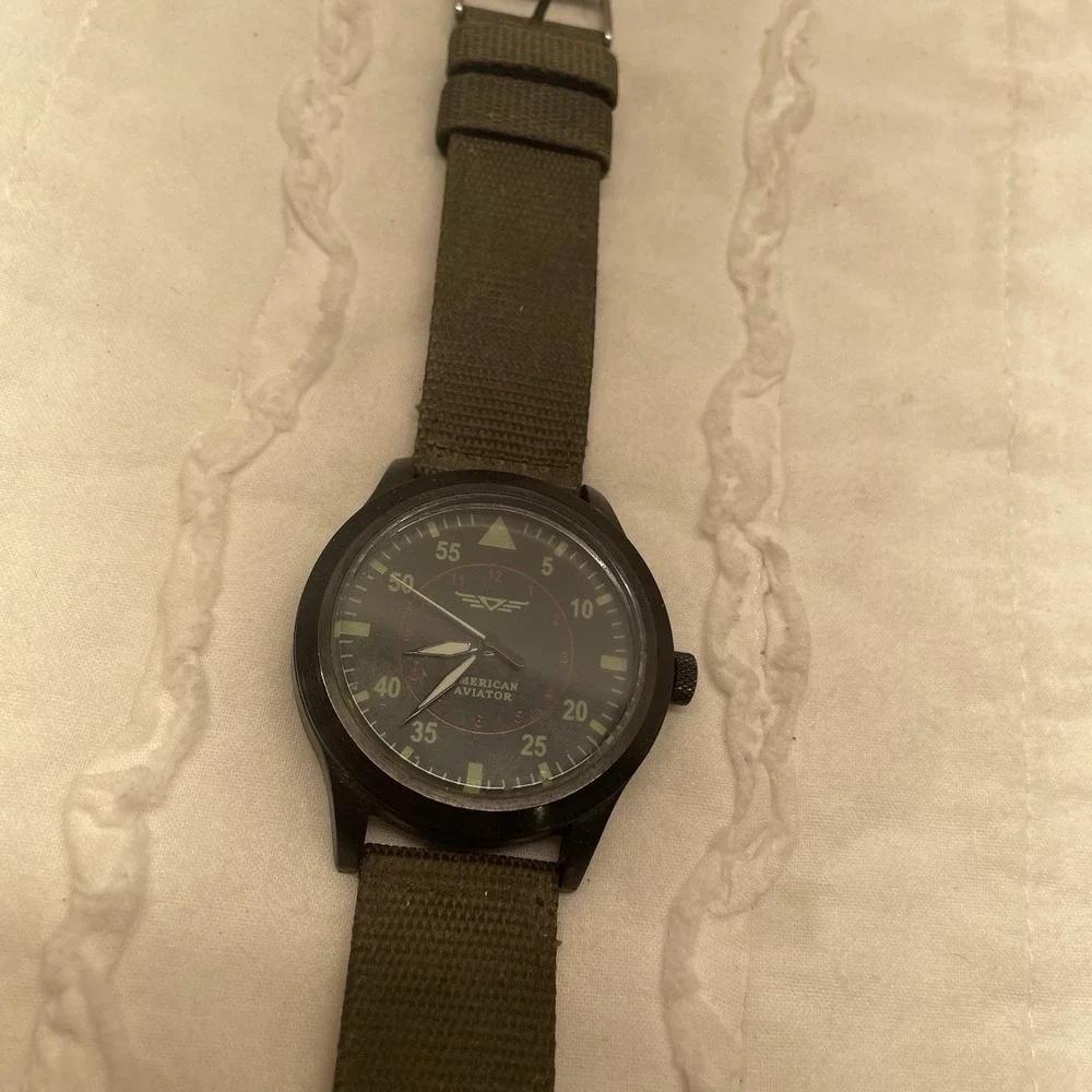 American‎ Aviator Watch Wristwatch Mens Black Green Band Vintage UNTESTED